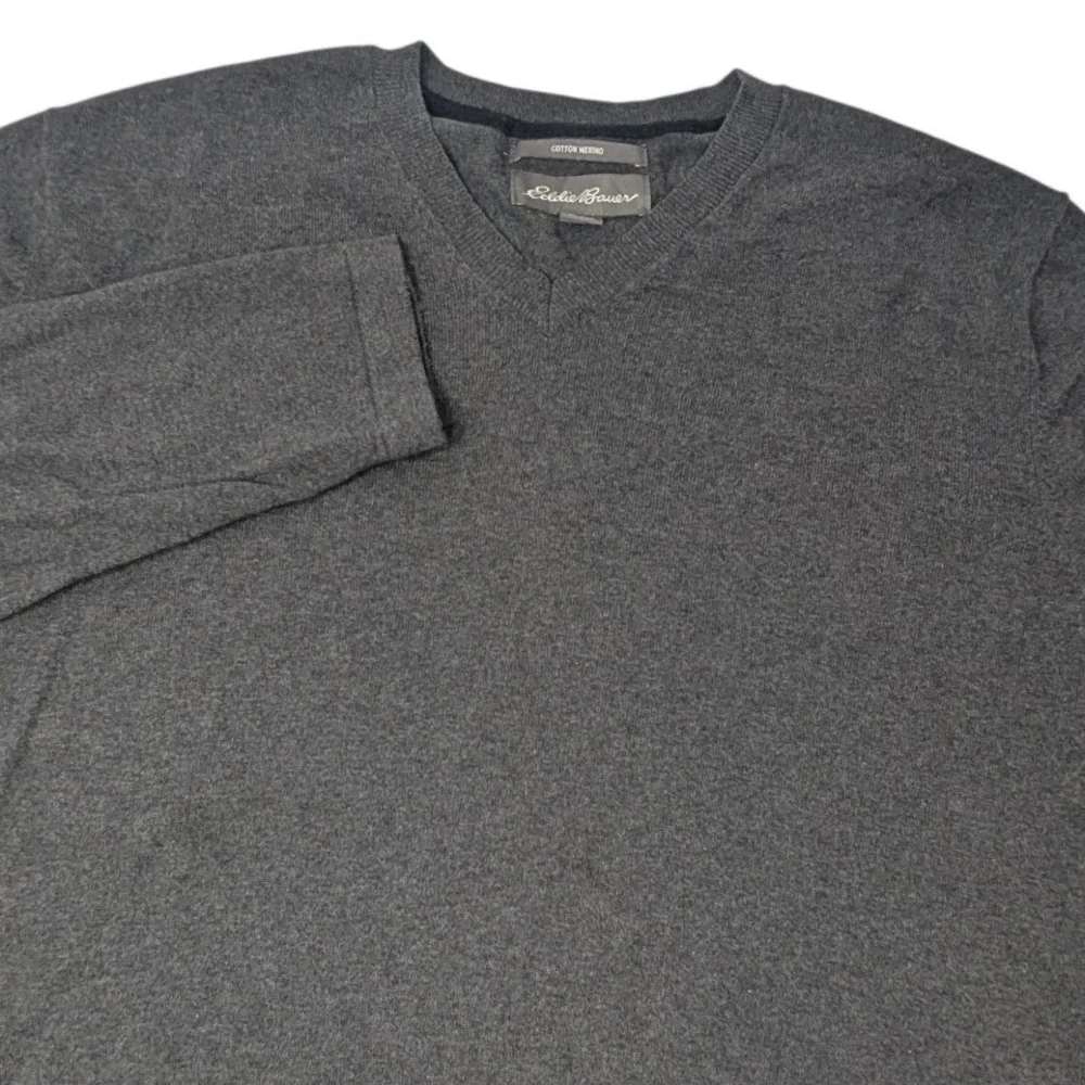 Eddie Bauer Mens TXL Charcoal Gray Cotton Merino Wool V-Neck Sweater Tall XL - Picture 1 of 11